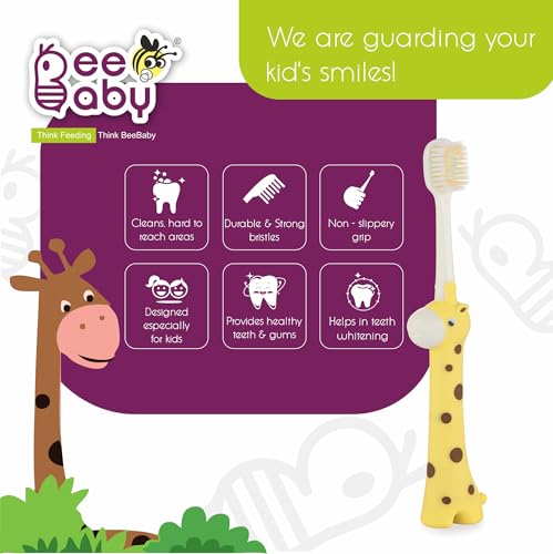 Image of BeeBaby Brush Buddy Baby Toothbrush for Kids 3-6 Years, Ultra Soft Tapered Bristles Toddler Toothbrush for Milk & Permanent Teeth, BPA Free Easy Grip Toothbrush for Sensitive Gums - Yellow Giraffe