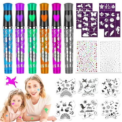 VINEST 6 Piezas Tatuajes Rotuladores Purpurina, Set de Tatuajes Purpurina para Niñas y Niños, Tatuajes Niños Borrables, Tattoos Temporales Niños DIY con Plantillas y Adhesivos de Strass