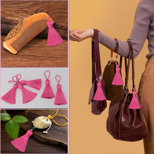 Image of 20Pcs 4.3 Inch Mini Craft Tassels for Earrings, DIY Crafts(Rose Red) | Handmade soft terylene, 2-inch cord loop, small Chinese knot-for earrings, bookmarks, tags, souvenirs and DIY crafts.