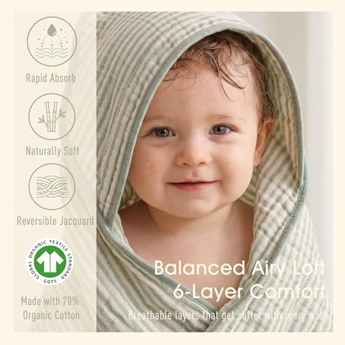 Image of Ultra-Soft Muslin Baby Towel - 32 x 32 Inches, Ideal for Bath & Beach, Suitable for Both Boys & Girls from Newborns to Toddlers (Sage Green Stripes)