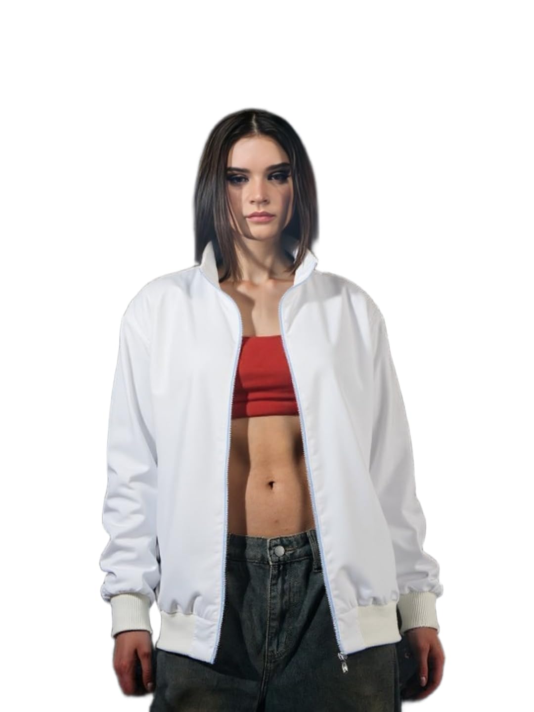 maykr Women's Polyester Bomber Jacket, White, Stand Collar, Long Sleeve, Side Pockets, Athletic Streetwear, Regular Fit, Zip Closure, Winter Casual Wear-picture-40