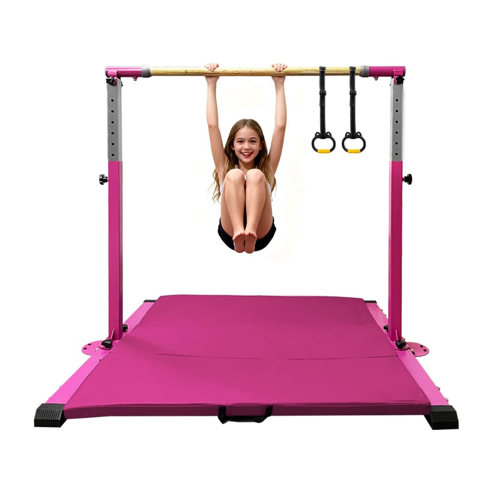 gymnastics bar for kids girls ages 3-15 with ring for home indoor training equipment- steady steel construction, anti-slip, easy to assemble, 3' to 5' adjustable height