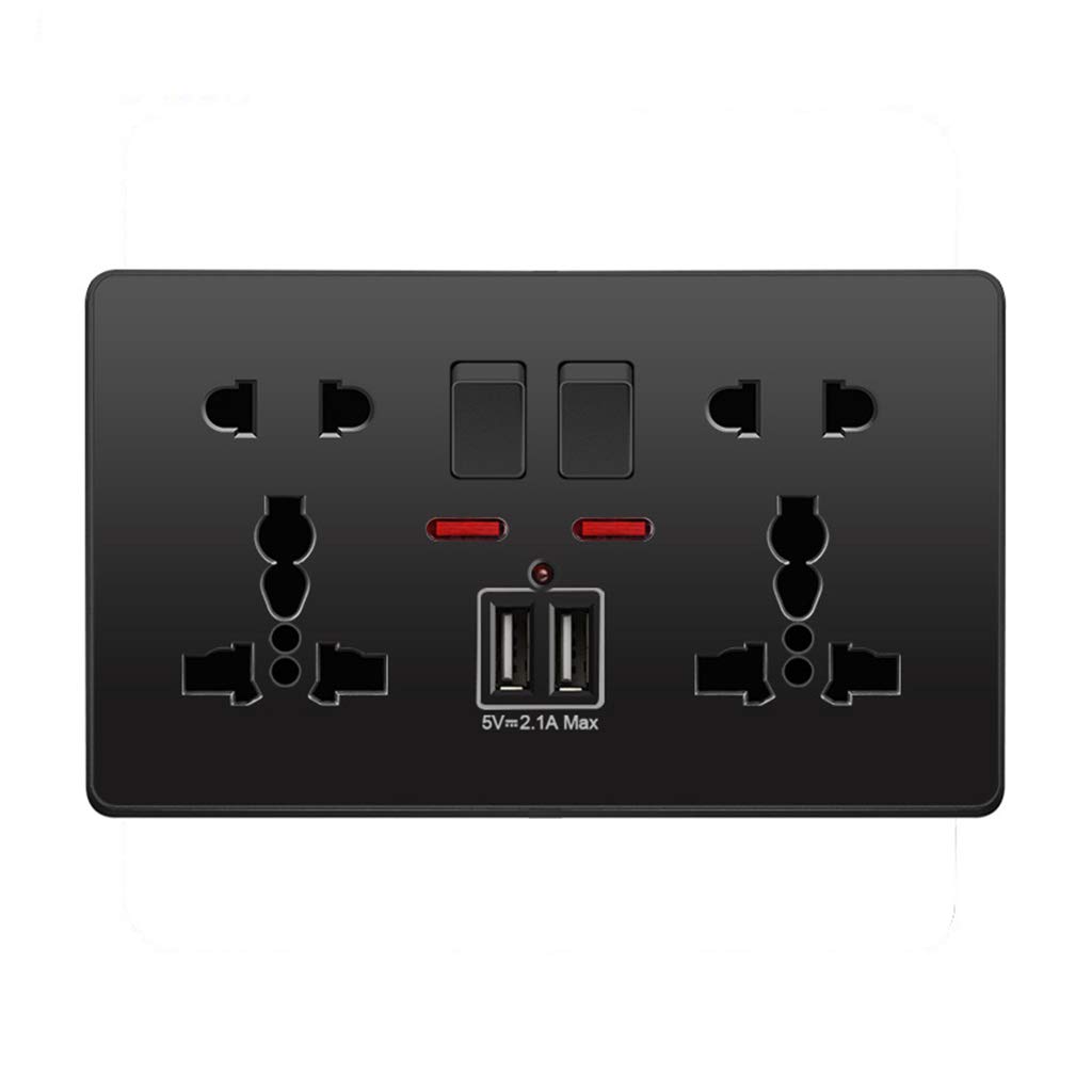 MEIZILUNWaterproof Magnetic Switch, Multifunction UK 13A Wall Socket Push Button 2.1A Double USB Charging Ports Three-hole Two-hole Home Wall Outlet Button Black
