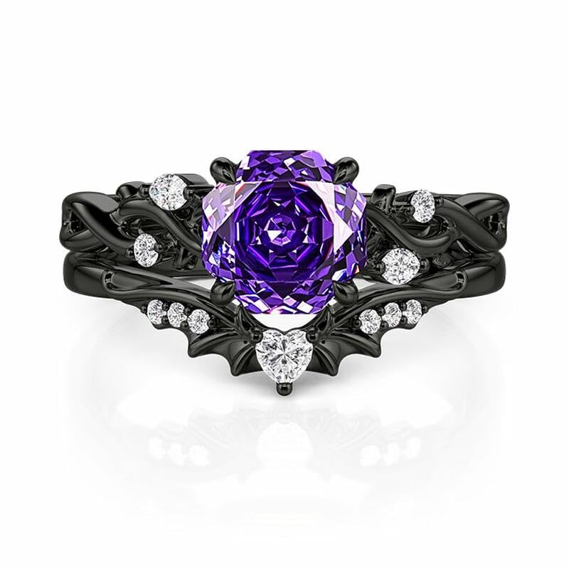 Jeulia 2PCS Wedding Ring Set for Women 1.5 ct Black Thorn Purple Rose Cut 925 Sterling Silver Gothic Bat Design Engagement Ring Vintage Jewelry with Gift Box (Black 7.5)