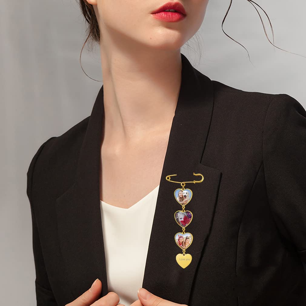 Custom4U Personalisierte Damen Herren Brosche mit 3x Fotoanhänger mit Gravur für Memorial Anhänger Brautstrauß Ansteckblume Bräutigam Edelstahl DIY Anstecker Gold für Hochzeit Weihnachten