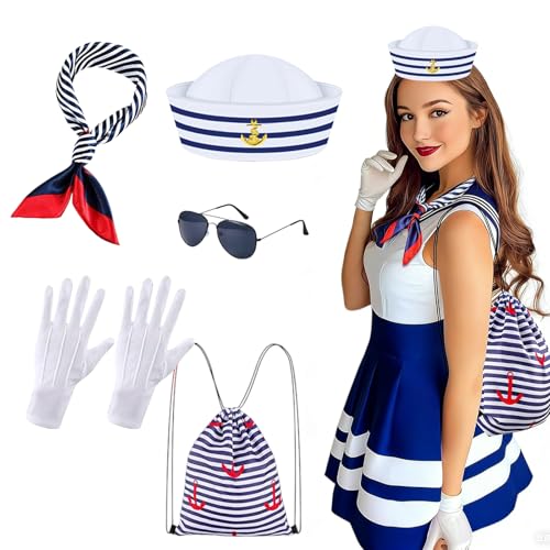 GWAWG Déguisement Marin Femme Set, Casquette Marin Écharpe Gants Lunettes Sac, Costume Femme Accessoires pour Carnaval Halloween Cosplay Fête Mardi Gras