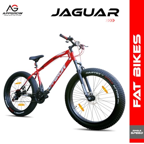 Image of Jaguar Fat Bike 21 Speed Multi Front Suspension Dual Disc Brake Branded Tyre 26 T Fat Tyre Cycle (21 Gear, Red, Black, Only Front Suspension)