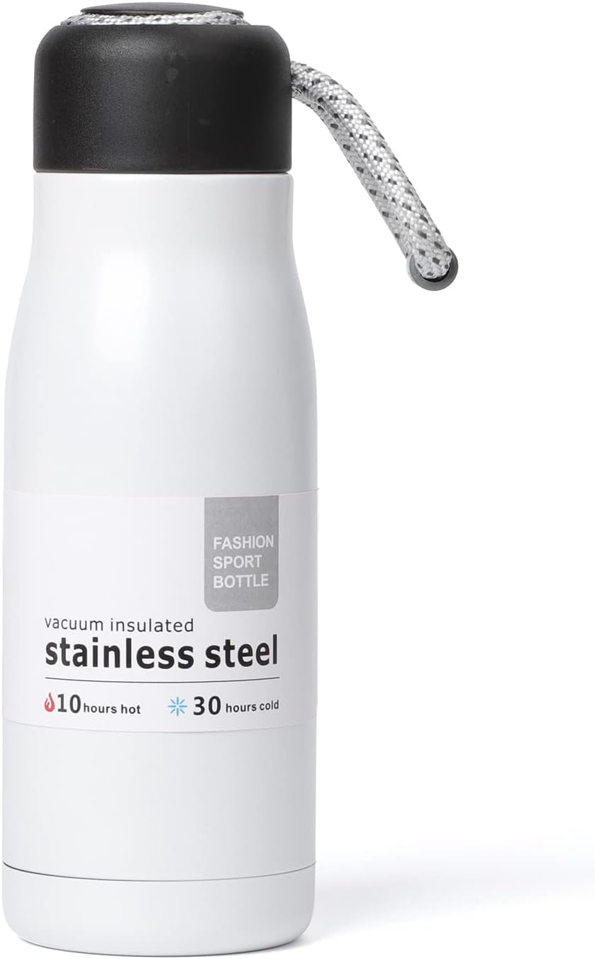 Small Water Bottle 12 oz, Dusgut Insulated Water Bottle, Stainless Steel, Wide Mouth Portable Lid, Ice White