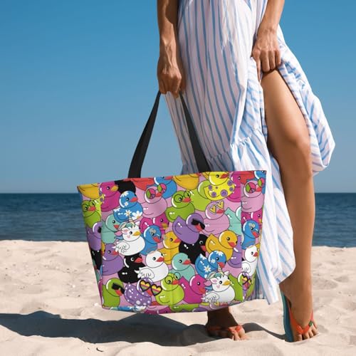 Colorful Duck Print Large Beach Tote Bag for Women Extra Large Capacity Sandproof Waterproof Pool Bag Suitable for Swimming Pool Gym Groceries Travel 6
