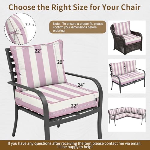 Image of 22x24 Outdoor Chair Cushions Set of 2, Waterproof Deep Seat Cushions for Patio Furniture with Removable Cover, Fade Resistant 4'' Outdoor Seat Cushion w / Ties Handle for Sofa Couch,Pink White Striped