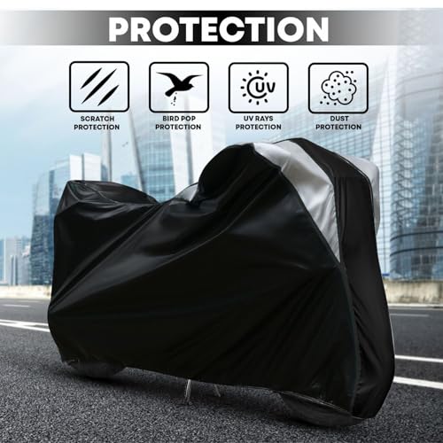 Image of Taffeta Bike Cover Premium Waterproof, Dustproof & UV Protected Two-Wheeler Body Shield | Heavy-Duty, All-Weather Protection | Universal Fit for Motorcycles & Scooters(GT-Black Top Silver Kally)