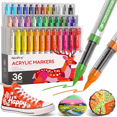 Nicpro 36 Colors Acrylic Paint Markers Brush Tip Water-Based No-Bleed Paint Markers with Automatic Ink Control Waterproof Acrylic Paint Pens for DIY Art & Crafts - Rock Wood Glass Ceramic Fabric