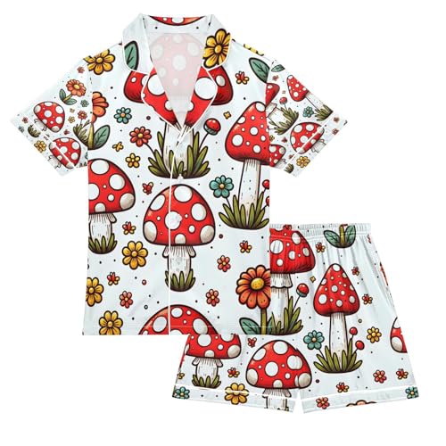 senya Fly Agaric and Flowers Satin Summer Pajama Sets Silk Short Sleeve Button Down Sleepwear