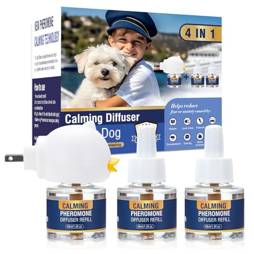 Dog Pheromone Calming Diffuser 4 In 1 Appeasing Pet Pheromones Diffuser to Calm Kit (Plug in+ 3 Pack 48ml Refill) for Anxiety Relief Reduce Barking Aggression Fighting Stress 90 Day Supply(Tasteless)