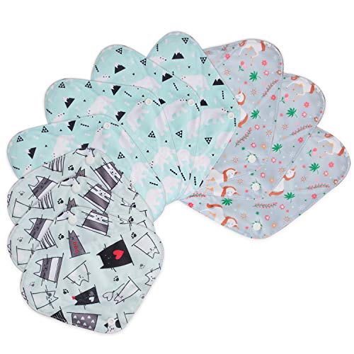 Teamoy 10Pcs Reusable Sanitary Pads With Wet Bag, Washable Cloth Menstrual Pads With Charcoal Bamboo Absorbency Layers(Girls' Styles, 3Pcs×7.9" Cats+4Pcs×10" Bear+3Pcs×11.6" Horse) #TOP6