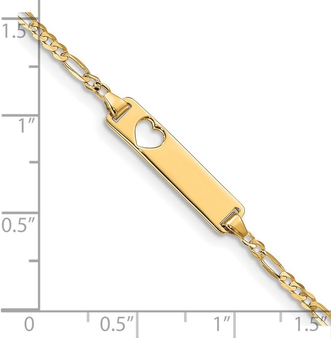 JewelryWeb 14k Solid Yellow Gold Polished Figaro ID Plate Cut-out Love Heart Bracelet Lobster Claw 5mm Wide Identification Bracelet for Women