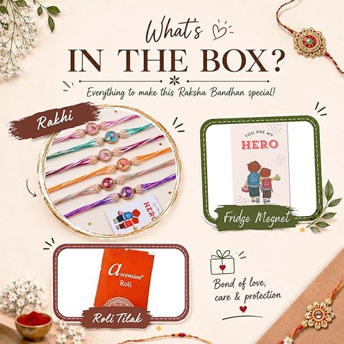 Image of ascension Set of 5 Floral Designer Rakhi Set for Brother, Bhai Combo for Bhaiya & Sister Bracelet with Roli Tilak & You are My Hero Fridge Magnet for Raksha Bandhan Gift