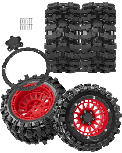 RCarmubWow RC Truck Wheels and Tires Plastic Wheels for 1/16 Summit E-Revo Gorgon Grom,Mini Kraton 3S, M-J-X16207-16210, H-B-X16889 16890,S-C-Y16101-16106,Red w/Black