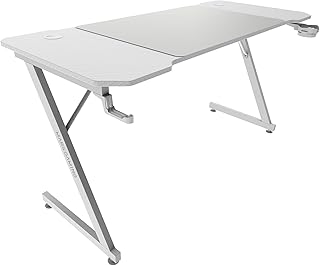 Mars Gaming MGD-X140, Mesa de jogos ergonómica, superfície em fibra de carbono, estrutura metálica, tapete XXL, suporte auriculares e bebida, gestão com cablagem, secretária PC 140 x 60 cm, branco
