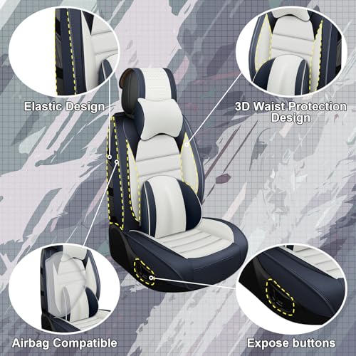 Image of Full Set Car Seat Covers for Ford F-150 F-250 F-350 XL XLT STX Lariat King Ranch Platinum Raptor Seat Covers 2007-2026, Waterproof Seat Protectors(Luxury 5 Seats /Blue&White)