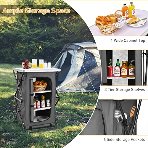 Goplus Folding Camping Storage Cabinet, Pop Up Outdoor Camping Kitchen Station with Large 3-Tier Storage Organizer, Carry Bag, Easy Set Up Portable Compact Camping Table for BBQ Picnic Backyard (35'') - Image 4