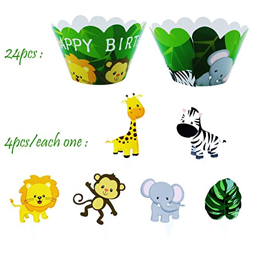 24Pcs Jungle Animals Happy Birthday Cupcake Toppers + 24Pcs Cupcake Wrappers For Woodland Garland Forest Theme Party Supplies #TOP1