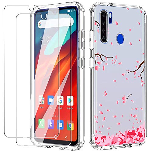 (3 in 1) for blackview a80 pro/A80 Plus Case with Glass Screen Protector (2 Pack) Slim Clear Soft TPU Silicone Phone Case Cover with (Pink Flower) Transparent for blackview a80 pro 6.49 inches