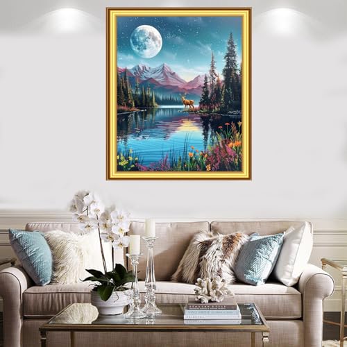 Image of Foxnyart Stamped Cross Stitch Kits Full Range of Embroidery Needlework Starter Kits for Beginners Adults 11CT Embroidery Patterns Art Crafts DIY Needlepoint Kit-Forest Moon Scenery 16x20 inchs