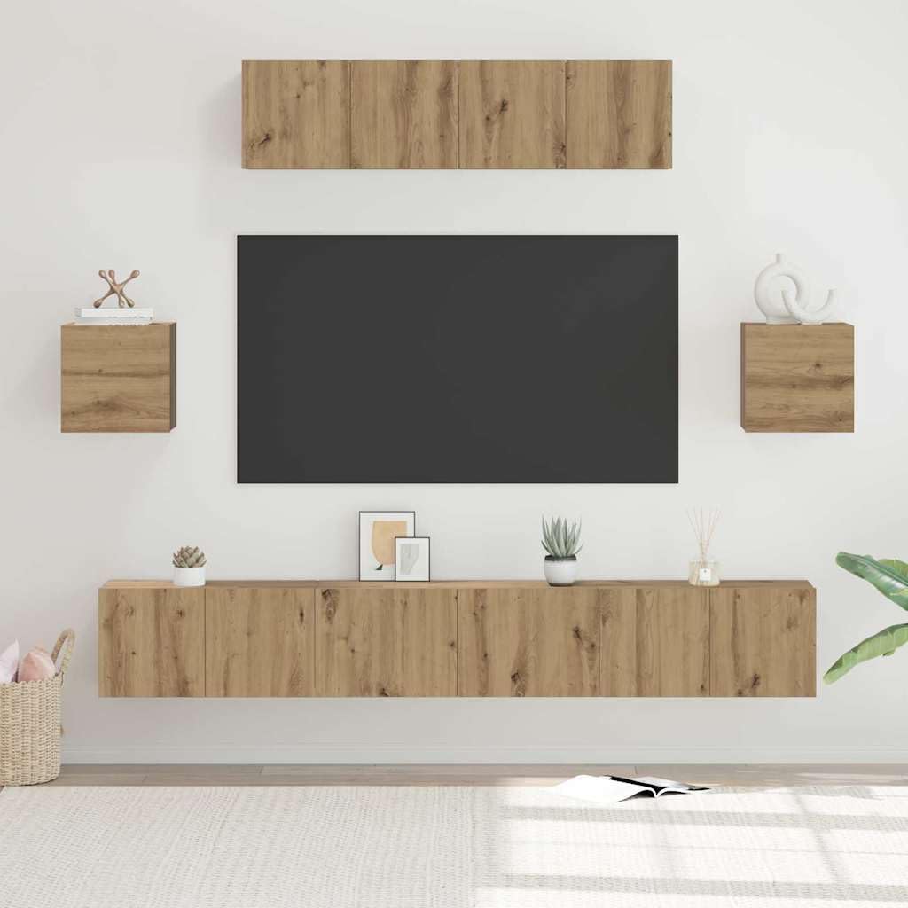 Mueble de TV montado en la pared de 7 piezas de madera de roble Artisan, con puertas y compartimentos para sala de estar, diseño que ahorra espacio, fácil montaje en pareja
