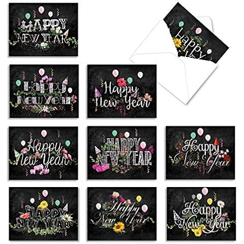 New Year Chalk And Roses: 10 Assorted Blank New Year Note Cards Featuring Beautiful New Year Sentiments Surrounded by Flowers and Balloons, w/ White Envelopes. M2358NYBsl Cover