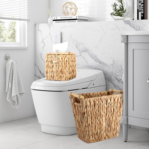 Image of Wicker Trash Can and Square Tissue Box Cover, 3.5 Gallon Water Hyacinth Bathroom Trash Can, Handwoven Napkin Holder, Narrow Small Waste Basket, Rustic Decorative Home Set for Bedroom, Bathroom, Office