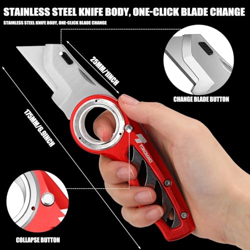 Image of Tondiamo 2 Pcs Folding Pocket Utility Knife Heavy Duty Box Cutter Folding Razor Knife with Anti Slip Finger Loop Easy Change Blades 3 Lock Positions Design (Red)
