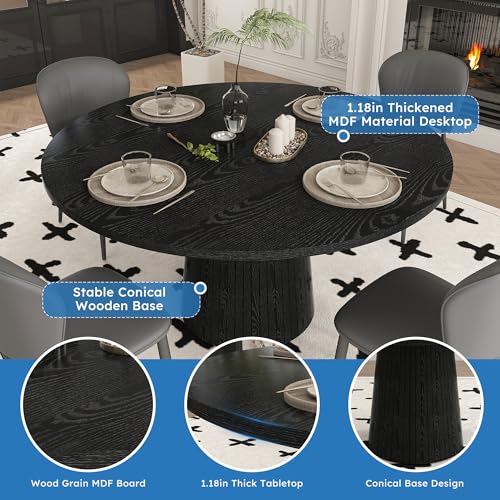 Image of Modern Round Dining Table, 47 inch Black Round Kitchen Table with Wood Grain Tabletop & Fluted Strip Base, Space Saving Circle Dining Table Seats 4-6, Ideal for Dining Room, Living Room, Small Space