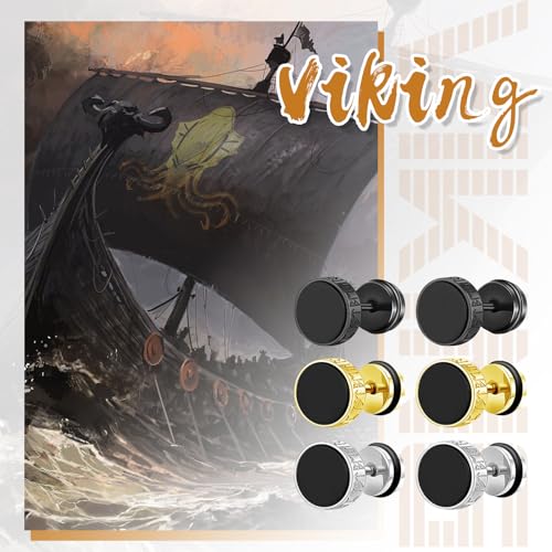 Aroncent Mens Fake Gauge Earrings: 3 Pairs Norse Viking Compass Rune Stainless Steel Fake Gauge Plugs Studs - Punk Jewelry Set Black Silver Gold4