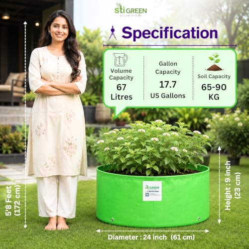 Image of HDPE Grow Bags for Plants 24X9 Inch (Pack of 8) | 260 GSM Heavy Duty UV-Protected Round Green Colour Plant Bags for Terrace and Vegetable Gardening | Strong & Reusable|
