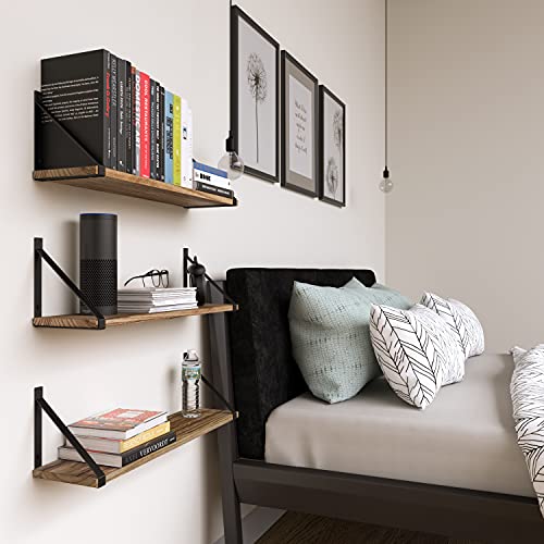 Wallniture Bora Floating Shelves For Wall, 24"X6" Bathroom Storage Shelves, Rustic Wood Shelf Set Of 3, Burned Finish #TOP3