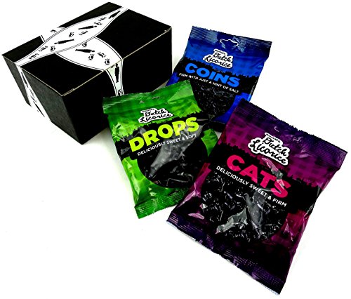 Gustaf's Dutch Black Licorice 3-Flavor Variety: One 5.2 oz Bag Each of Drops, Cats, and Coins in a BlackTie Box (3 Items Total)