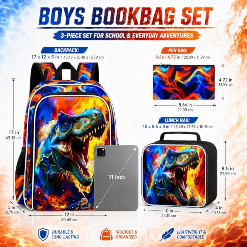 Image of 17 inch Dinosaur Backpack, Boys Kids Bookbag with Lunch Box, 3Pcs Dino School Backpacks for Elementary Preschool Kindergarten (Fire Red)