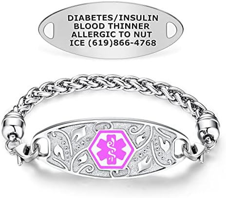 Divoti Custom Engraved Medical Alert Bracelets for Women, Stainless Steel Medical Bracelet, Medical ID Bracelet w/Free Engraving – Lovely Filigree Tag w/Wheat-Purple-7.0"