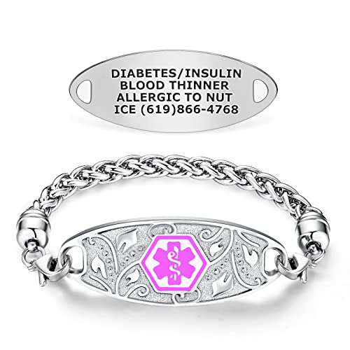Divoti Custom Engraved Medical Alert Bracelets For Women, Stainless Steel Medical Bracelet, Medical Id Bracelet W/Free Engraving – Lovely Filigree Tag W/Wheat-Purple-7.0" #TOP3