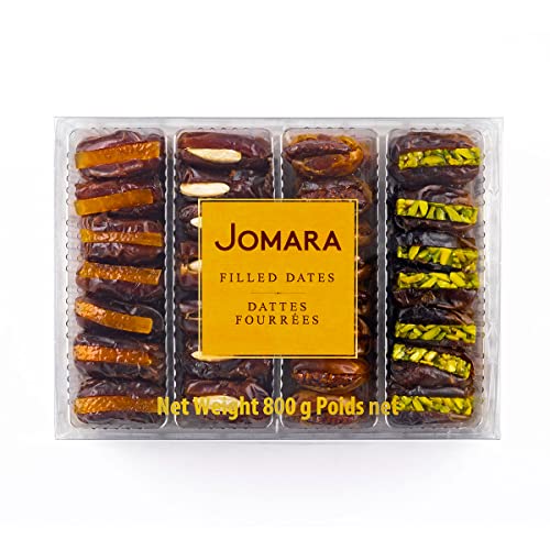 Jomara Premium Filled Dates Mix Pack 4 Flavors | 28oz / 800g | Natural Dates filled with Orange Peel, Caramelized Pecan, Roasted Almond or Pistachio| Healthy Dried Fruit for Snacking | Natural Source