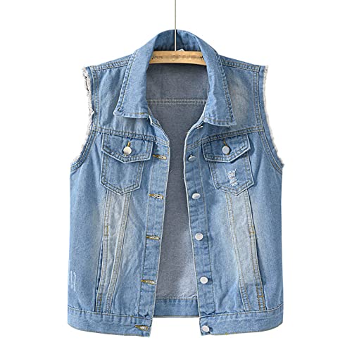 Women's Plus Size Denim Vest with Two Chest Flap Pockets Sleeveless Jackets Frayed Hem Cargo Trucker Jean Vest2