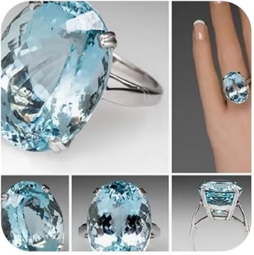 MAIHAO Anillo de compromiso de plata 925 con piedras preciosas de aguamarina de corte ovalado para mujer, talla 5-11, Plata, Aguamarina