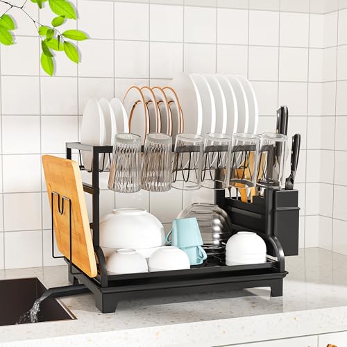 HomeCurated 2-Tier Foldable Dish Drying Rack with Drainboard, Stainless Steel