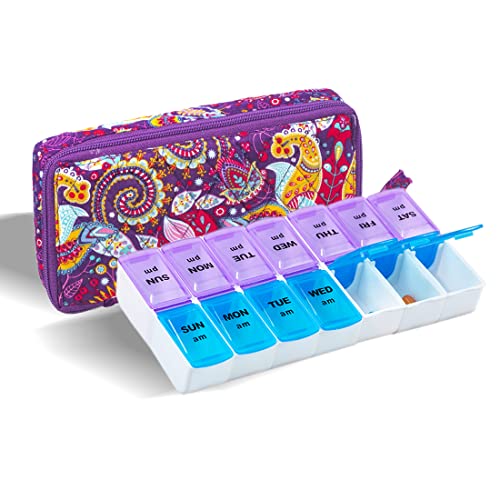 Image of Weekly Pill Organizer 2 Times a Day, Zumd Pill Box 7 Day with Cute Quilted Fabric Zipper Case, Travel Pill Case Am Pm for Vitamin Medicine Organizer
