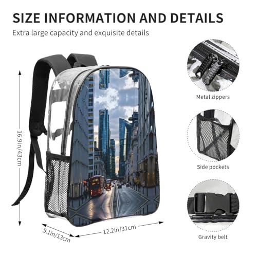 London Print Work Travel Stadium Events Transparent Backpack PVC Clear Bag Large Side Pockets4