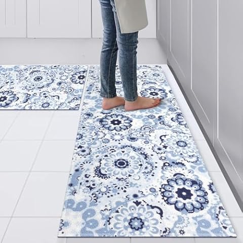 comfoyar Kitchen Mat Set of 2, Non-Slip Machine Washable Kitchen Rug Mats, Absorbent Kitchen Runner Rugs Set for Floor, Sink, Laundry, Hallway, Living Room and Office, 16"x47"+16"x24", Flowers Cover