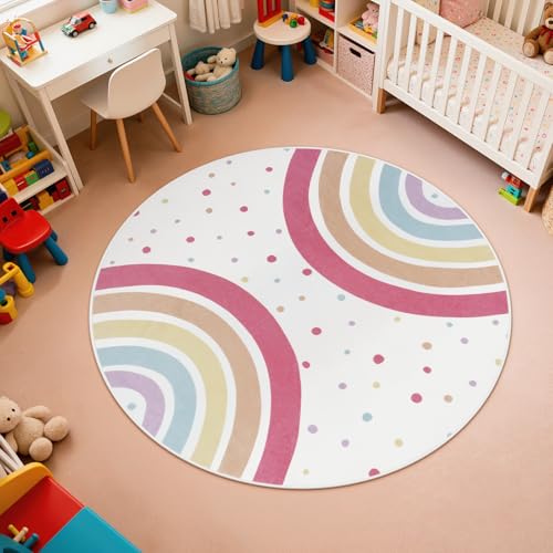 Image of STARUIA Colorful Rainbow Rug for Nursery, 5 Ft Machine Washable Rug for Kids Room, Large Round Rugs for Girls Bedroom, Circle Kids Rugs Soft Polka dot Carpet for Classroom Playroom Tent