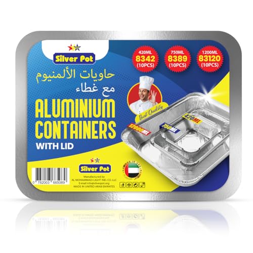 Silver Pot Disposable Aluminum Food Storage Containers 30-Piece Set (10 x 420ml 10 x 750ml 10 x 1200ml) Containers with Lids BPA-Free and Freezer Safe