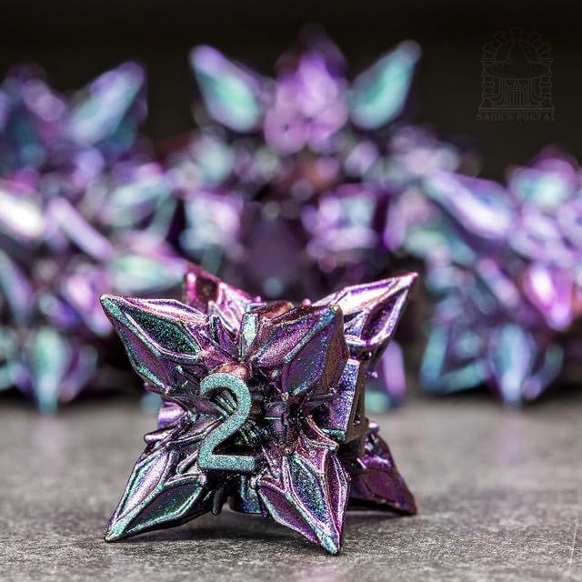 Sage's Portal Deadly Blossoms Metal DND Dice 7 Piece Polyhedral Dice Set for DND TTRPG Dungeons and Dragons Pathfinder Oversized Designer Ornamental Dice (Blue/Pink)